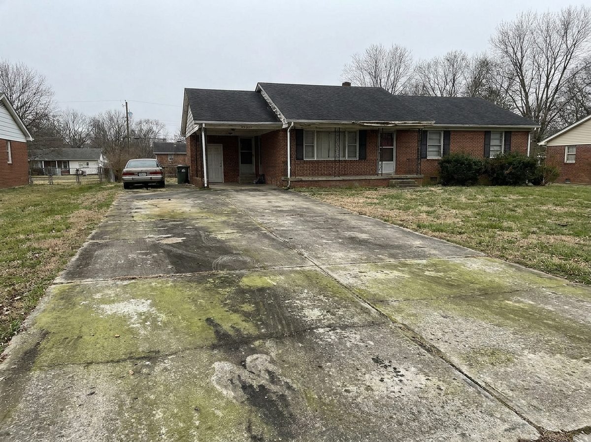 Driveway before pressure washing — algae and grime