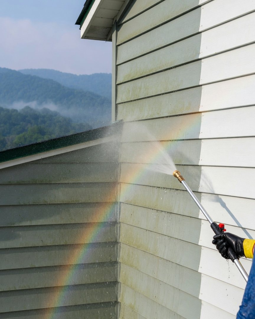 Soft washing the siding of a two-story home