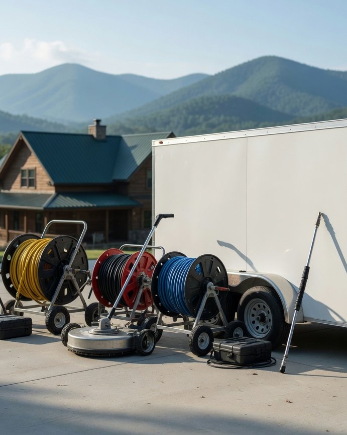 Pressure washing equipment staged for an exterior cleaning job